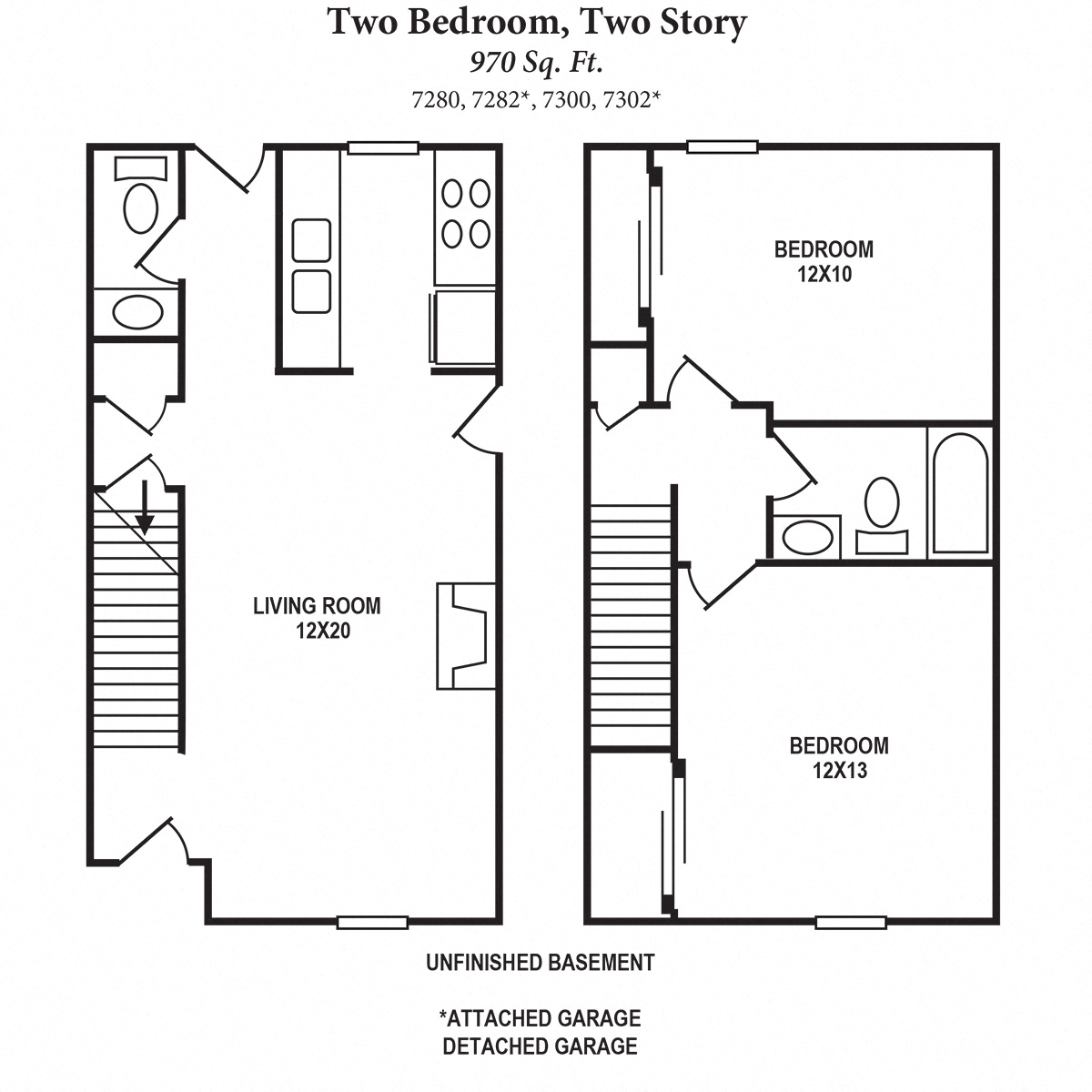 Floor plan for 2 beds, 1.5 baths, 970 sqft
